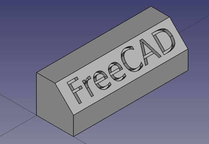 Draft ShapeString tutorial (v0.19) Create engraved text on a solid: extrude a shapestring to make it solid, then use a boolean cut to carve it from another solid.