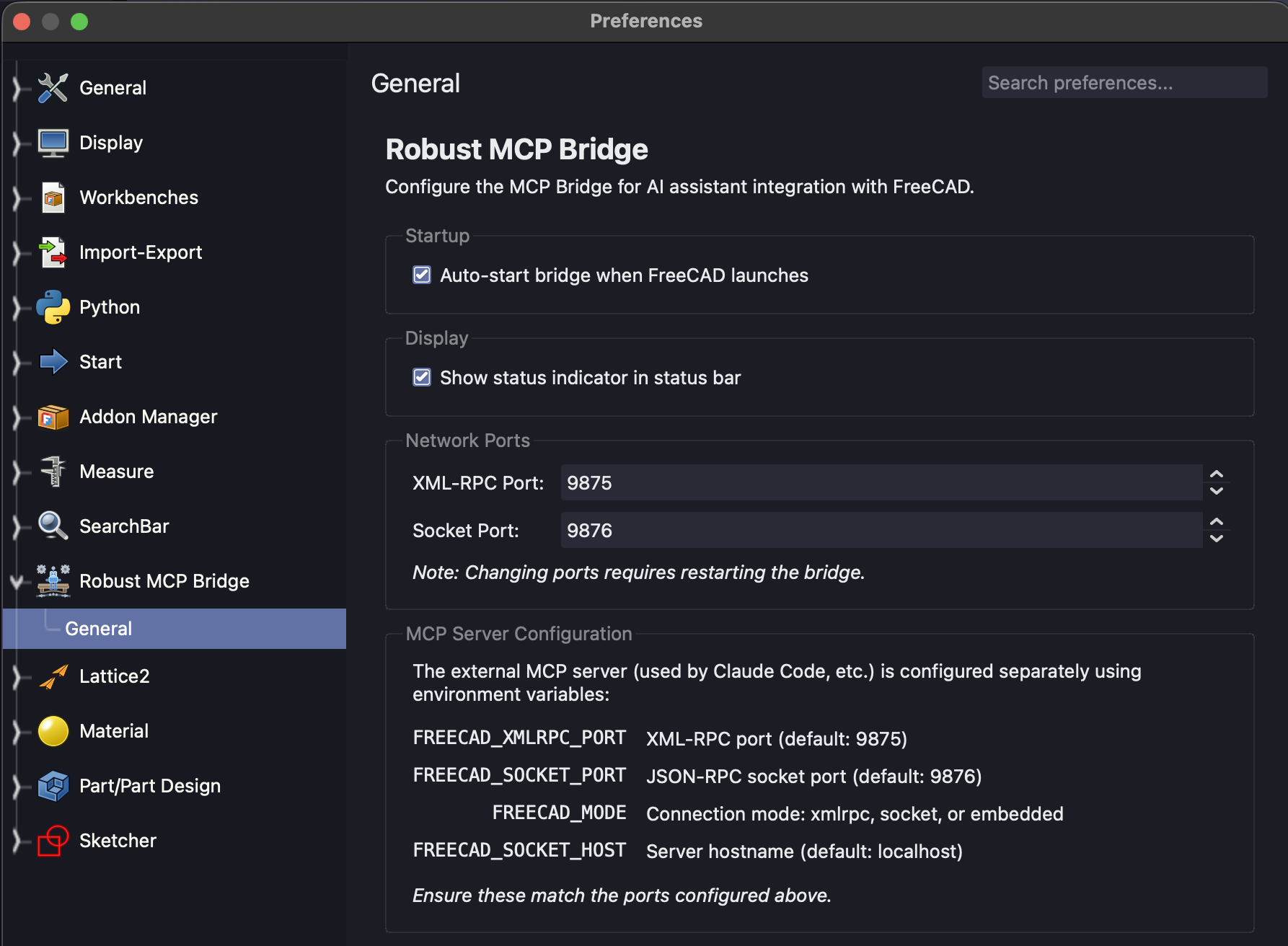 Robust MCP Bridge workbench preference pane