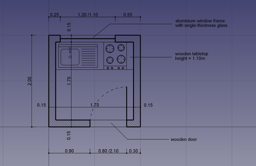 Traditional 2D drafting Draw a floor plan with lines, wires, rectangles, circular arcs, and add hatch patterns, annotations, and dimensions. Export the result to DXF.