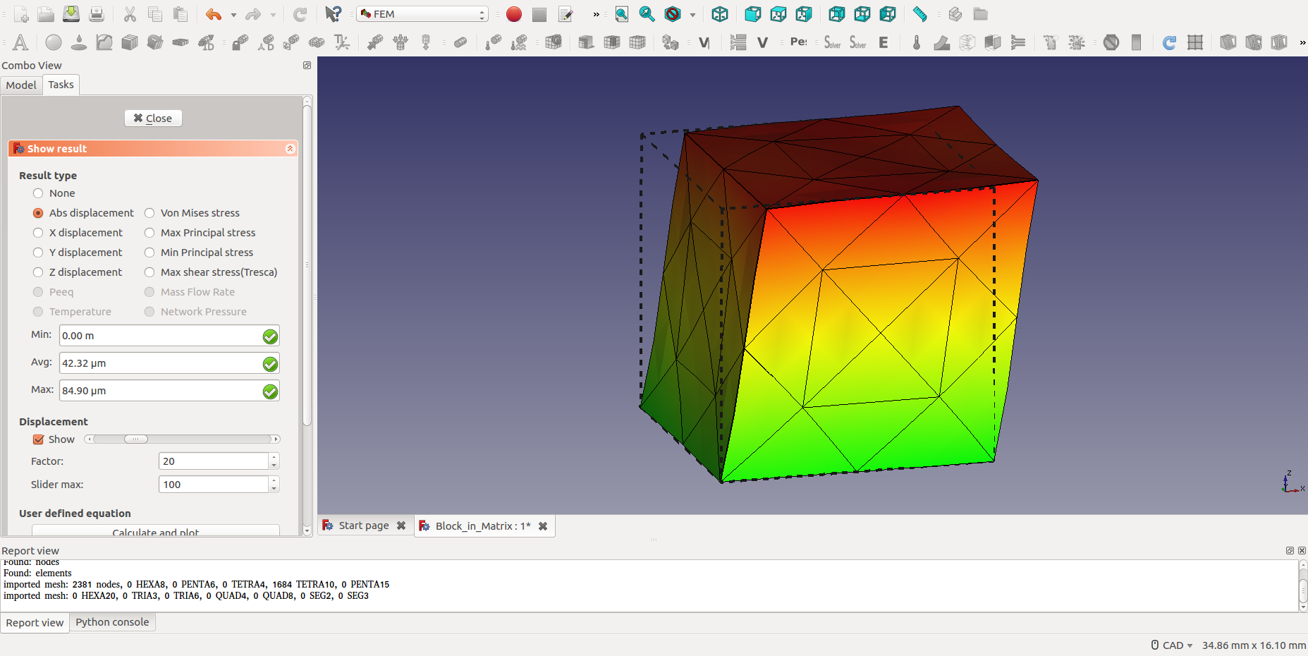 FEM shear analysis of a composite block (v0.17) Study the deformation of a block made of a hard nucleus surrounded by a softer material: create mesh regions, add materials, set up sliding constraints, add shear loads, run the solver, and visualize the results with a clip plane.