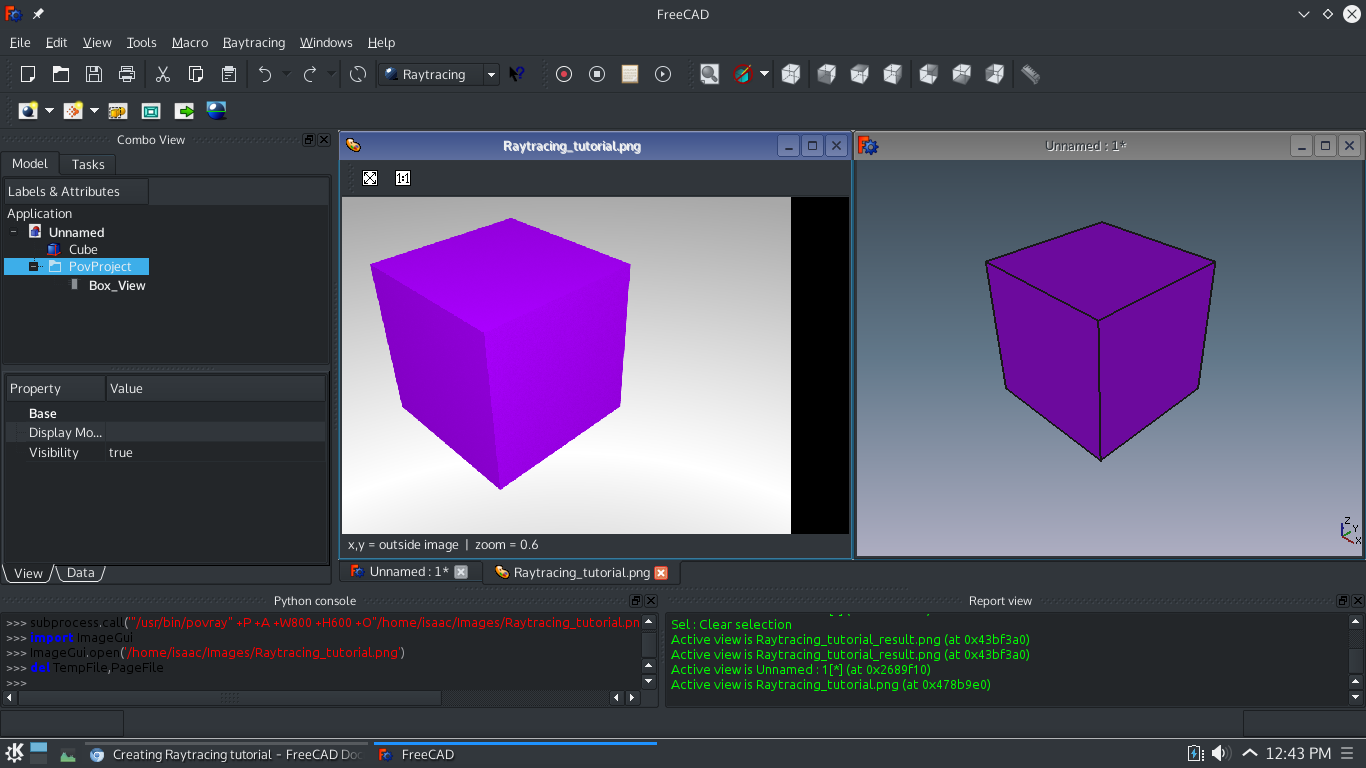 Raytracing_tutorial (v0.16) Describes the basic workflow of the Raytracing Workbench using POV-Ray or LuxRender: set the path to the renderers, create a project, set the camera position, select the model, run the renderer.